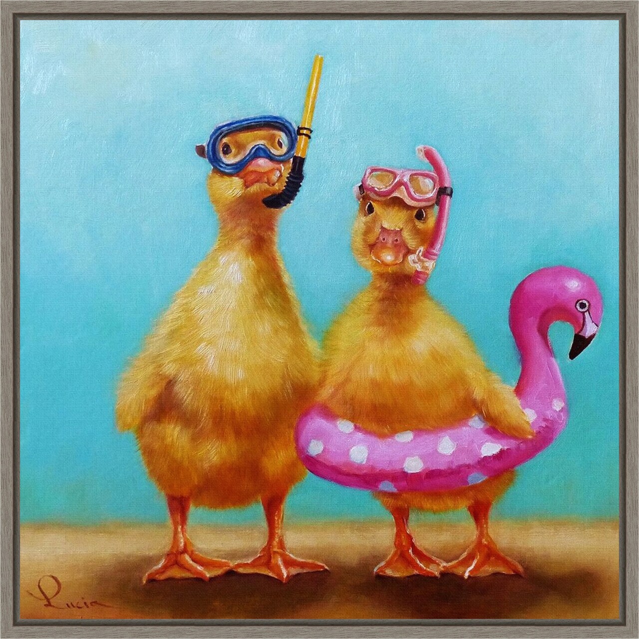 Pool Party (Ducks) by Lucia Heffernan 16-in. W x 16-in. H. Canvas Wall Art Print Framed in Grey